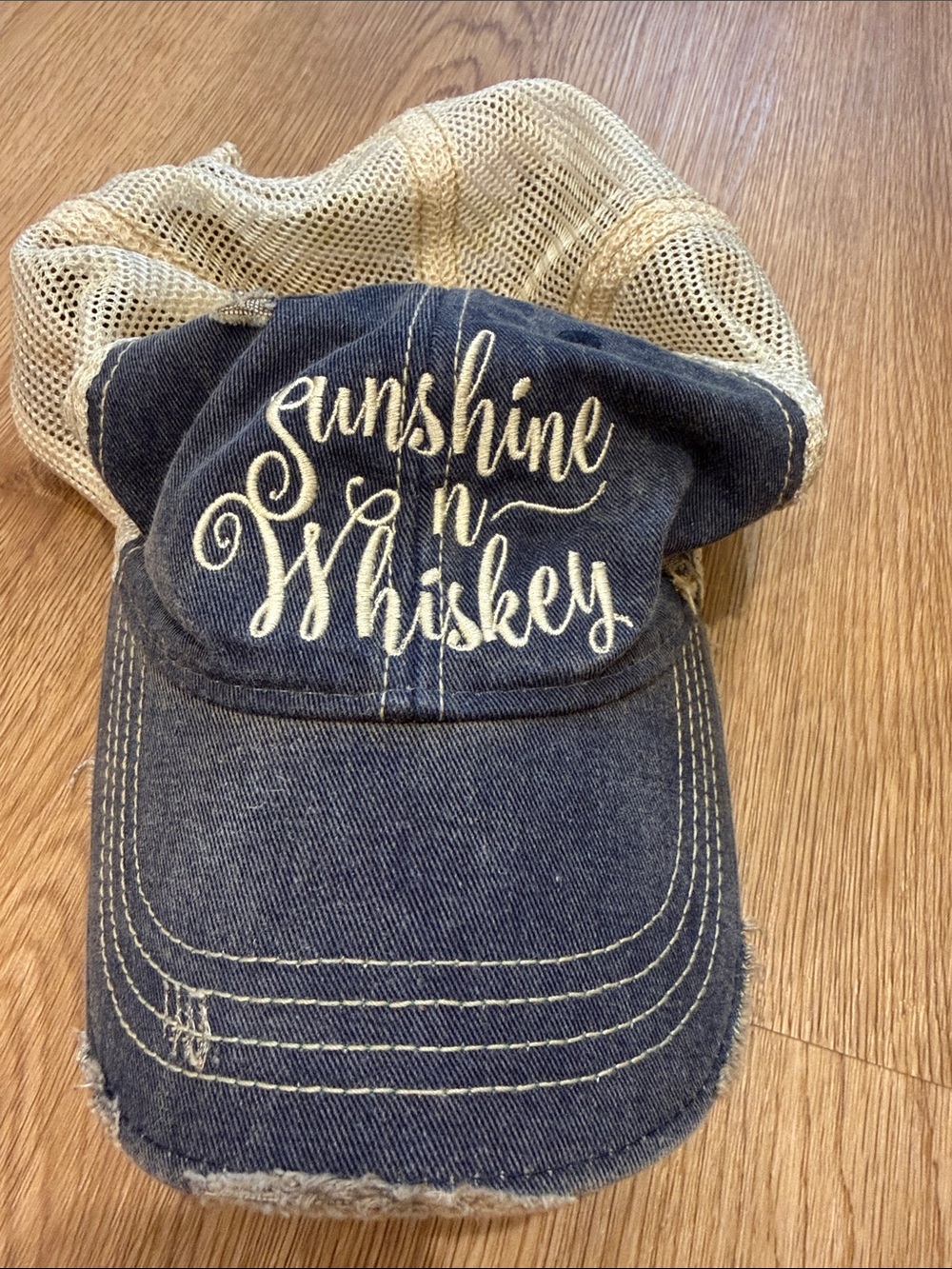Sunshine n Whiskey Distressed Navy and Cream Trucker Hat